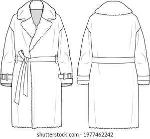 Women's Teddy Long Line Coat. Coat technical fashion illustration. Flat apparel coat template front and back, white colour. Women's CAD mock-