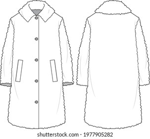 Women's Teddy Long Line Coat. Coat technical fashion illustration. Flat apparel coat template front and back, white colour. Women's CAD mock-