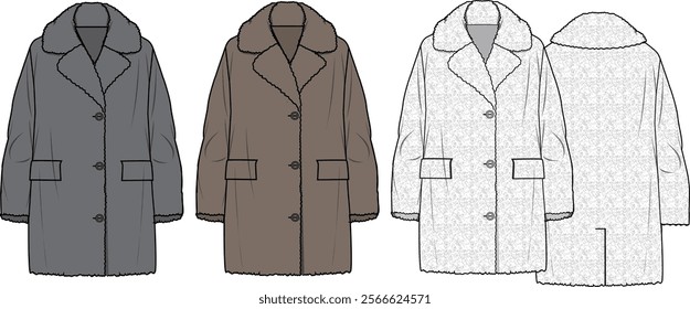 Women's Teddy Long Line Coat. Technical fashion illustration. Front and back, white, grey and brown colour. Women's CAD mock-