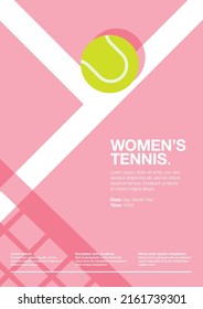 Women's Tennis Championship and Tournament Poster Portrait. Pink Court. Ladies Only Competition. Ball on the Line. Net Shadow on floor. Close up. Flat, Simple, Retro style - Vector - Shutterstock ID 2161739301