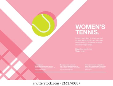 Panorama de pósters de campeonato y campeonato femenino de tenis. Corte Rosa. Competencia exclusiva de mujeres. Pelota en la Línea. Sombra neta en el piso. Cierra. Plano, sencillo, estilo retro - Vector