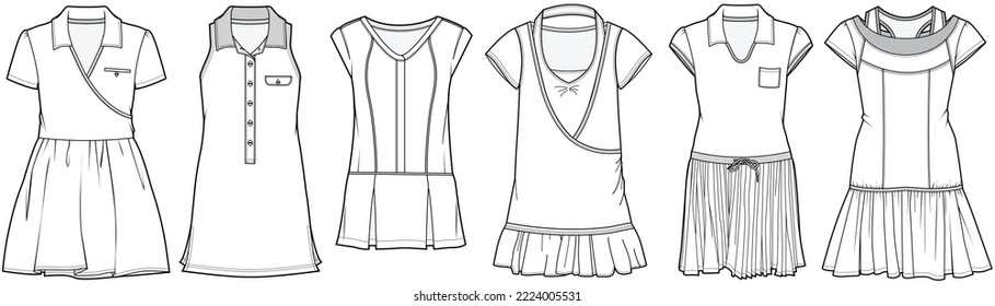 femenino vestido de tenis dibujo plano ilustración vectorial plantilla técnica de dibujo de cad