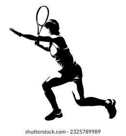 Women's tennis player vector silhouettes on white background isolated.  Silhouette of a tennis player with racket hits the ball. Vector illustration