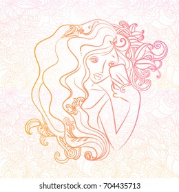Women's theme. A light picture of linear graphics .. A girl with long hair looks in the mirror. Romantic girl. Delicate design. Vector graphics.