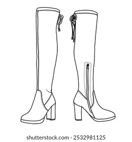 Frauen Oberschenkel hoch über dem Knie Stiefel Plattform Chunky Absatz Wildleder Schuhe Linie Kunst, Technische Skizze Handzeichnung Umriss Vektor Doodle Illustration Seitenansicht einzeln auf weißem Hintergrund