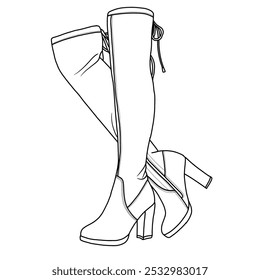 Frauen Oberschenkel hoch über dem Knie Stiefel Plattform Chunky Absatz Wildleder Schuhe Linie Kunst, Technische Skizze Handzeichnung Umriss Vektor Doodle Illustration Seite Isometrische Ansicht einzeln auf weißem Hintergrund