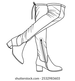 Frauen Oberschenkel hoch über dem Knie Stiefel Plattform Chunky Heel Süde mit Reißverschluss Schuhe Linie Kunst, Technische Skizze Handzeichnung Umriss Vektor Doodle Illustration 3D Isometrische Ansicht einzeln auf weiß