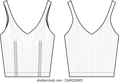 Women's Thin Straps Fashioning Detail Ribbed Cami Top. Technical fashion top illustration. Flat apparel top template front and back, white color. Women's CAD mock-up.