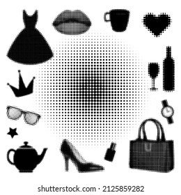 Womens things and different items as pop art objects with dotted halftone background - set