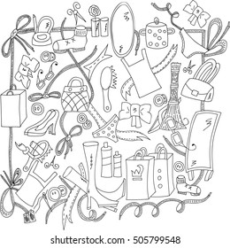 Women's things. Pattern from the elements of women's clothing and cosmetics. Black contour on a white background. Weaving motive. Freehand sketch.