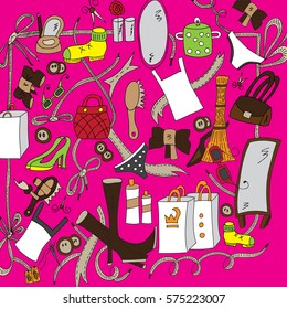 Women's things. Pattern of elements of women's clothing and cosmetics. Clear outline on a pink background. Weaving motif. Freehand sketch. Brightly colored illustration.