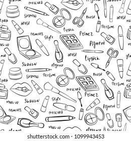 
women's things, syuff, objects, tools for beauty. Outline seamless pattern