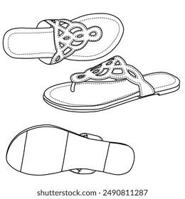 Women's Thong  T-Strap Slip On Flat Flip Flop Casual Summer Slide Sandals Line art, Technical sketch hand drawing, various view, outline vector doodle illustration isolated on white background