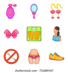 Womens thought icons set. Cartoon set of 9 womens thought vector icons for web isolated on white background