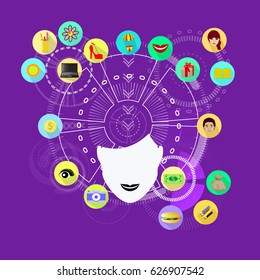 Women's thoughts in my head. What the opposite sex thinks about. concept. Thoughts swarm in my head. On a violet background. How the female logic is arranged. To think about the world at the same time