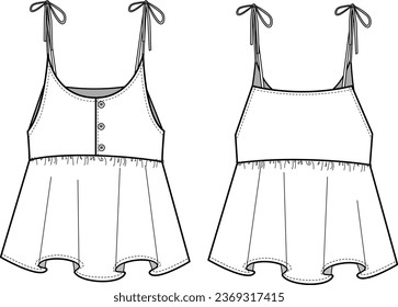 Women's Tie Detail, Button-up Cami- Technical fashion illustration. Front and back, white colour. Women's CAD mock-up.