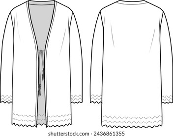 Women's Tie Front, Scallop Hem Cardigan. Technical fashion illustration. Front and back, white colour. Women's CAD mock-up.