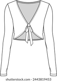 Women's Tie Front Top- Technical fashion illustration. Front, white colour. Women's CAD mock-up.