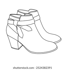 Frauen Krawatte Knoten Stiefel Geschlossene Zehe gestapelt Absatz Stiefel Schuhe Linie Kunst, Technische Skizze Handzeichnung Umriss Vektor Doodle Illustration Seitenansicht einzeln auf weißem Hintergrund