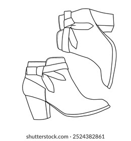 Frauen Krawatte Knoten Stiefel Geschlossene Zehe gestapelt Absatz Stiefel Schuhe Linie Kunst, Technische Skizze Handzeichnung Umriss Vektor Doodle Illustration Paare Seitenansicht einzeln auf weißem Hintergrund