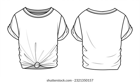 Women's Tie T-Shirt Front und Back View. Fashion Flat Sketch Vektorgrafik, CAD, Technische Zeichnung, Flach Zeichnung, Vorlage, Mock-up.