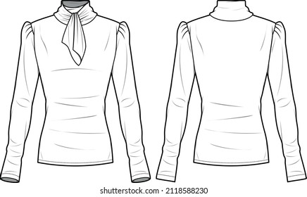 Women's Tie Neck Blouse. Blouse technical fashion illustration. Flat apparel blouse template front and back, white colour. Women's CAD mock-up.