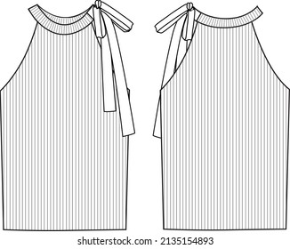 Ilustración de moda técnica Top-Top del Knit de cuello de la mujer. Plantilla de la parte superior de la ropa plana, de color blanco y frontal. Burla de CAD de mujeres.