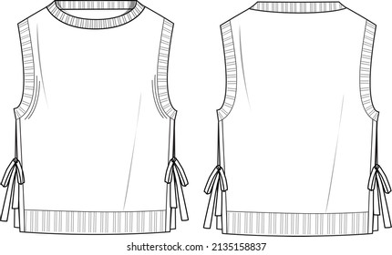 Women's Tie Side, Sleeveless Vest Tunic. Vest technical fashion illustration. Flat apparel vest template front and back, white colour. Women's CAD mock-up.