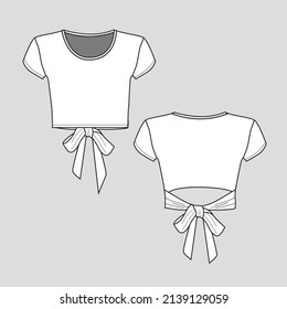 Womens Tied Back Crew neck Crop Top Fashion flat sketch Cad Technical drawing template design vector