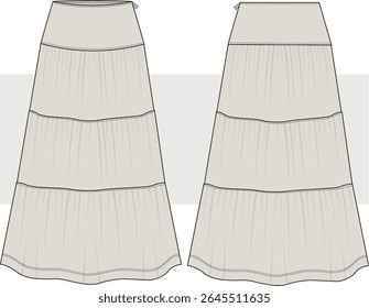Women's Tiered Maxi Skirt fashion technical drawing, illustration. Boho style skirt vector. Front and Back view. Cad, Mockup.