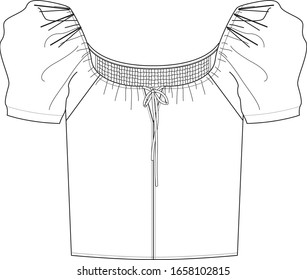 Women's Top Fashion Flat Sketch, Blouse, Ready made, Apparel Template. Balloon sleeve top