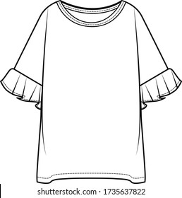Womens TOP fashion flat sketch. Technical drawing APPAREL template. RUFFLED TOP