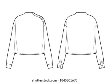Women's top fashion flat sketch, blouse, stand collar, apparel template