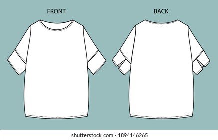 Women's Top Fashion Flat Sketch. blouse front and back view.