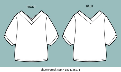 Women's Top Fashion Flat Sketch. blouse front and back view.