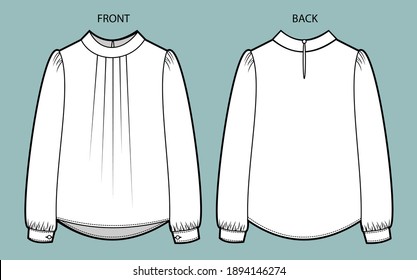 Women's Top Fashion Flat Sketch. blouse front and back view.