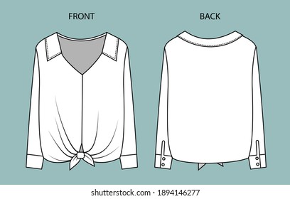 Women's Top Fashion Flat Sketch. Blouse Front And Back View.