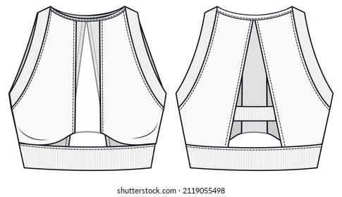 Womens Top fashion flat template. Girls Sports Bra fashion drawing template. Sportswear Crop Top template. Sports wear fashion design set.