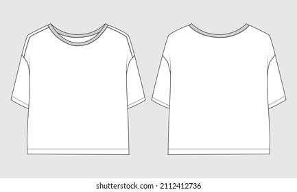 Women's Top. Oversize shirt apparel overall technical fashion flats sketch vector template front and back views. Apparel design mock up illustration Ladies Unisex Tops CAD.
