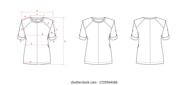 Women's top with short sleeve and crew neck, flat sketch, front and back views, with measurement guide