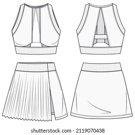 Womens Top and Skirt fashion flat  template. Sports wear fashion design set.  Girls Sport Bra with Skirt. Technical fashion illustration. Sportswear CAD.