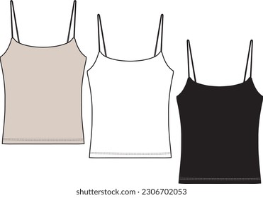 Women's top with a straight-cut neckline and thin elastic straps.  Technical fashion illustration. Flat apparel top template front, white, stone and black colour. Women's CAD mock