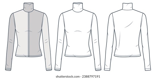 Women's Top technical fashion illustration. Long Sleeve Shirt fashion flat technical drawing template, turtle neck, slim fit, front and back view, white, beige, women CAD mockup set.