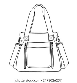 Bolso de mano del trabajo del hombro de las mujeres Bolsos cruzados del cuerpo Bolsos de Antiguas Multi-pocket Arte de la línea, ilustración del garabato del Vector del contorno vista frontal, aislada en fondo blanco