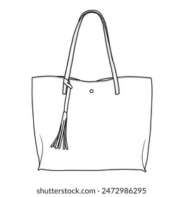 Women's Tote Shoulder Bag from, Big Capacity Tassel Handbag Line art, outline vector doodle illustration front view, isolated on white background