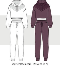 women's tracksuit set ladies crop top hoodie and jogging bottom technical drawing flat sketch vector illustration template. cad mockup.