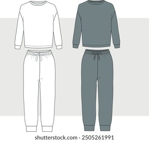 women's tracksuit set ladies hoodie and jogging bottom technical drawing flat sketch vector illustration template. isolated on white background cad mockup.