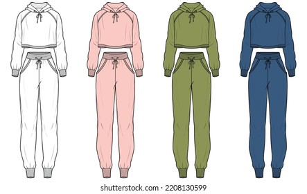 womens tracksuit set ladies plain crop top hoodie and jogging bottom technical drawing flat sketch vector illustration template. isolated on white background cad mockup. svg