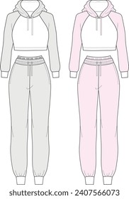 womens tracksuit set ladies plain crop top hoodie and jogging bottom technical drawing flat sketch vector illustration template. isolated on white background cad mockup.