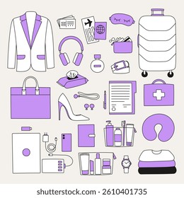Women's travel kit. Business, business trip concept. Travel kit with clothes, perfume, accessories, document, suit, gadgets, wallet, business card, etc.
